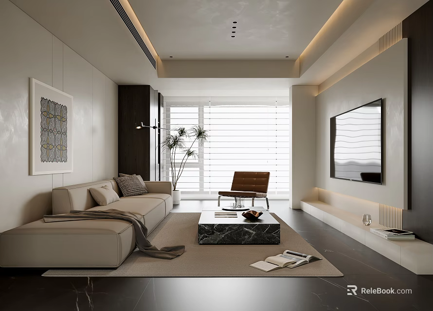 Modern Living Room Interior Design With Beige Sofa Black Coffee Table And Brown Armchair 3d model 