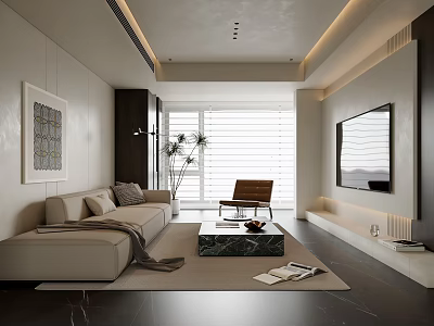 Modern Living Room Interior Design With Beige Sofa Black Coffee Table And Brown Armchair 3d model