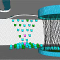 Indoor Art Installation Featuring Blue Circular Structure Black Woven Lines Colorful Chairs And Wall Decorations