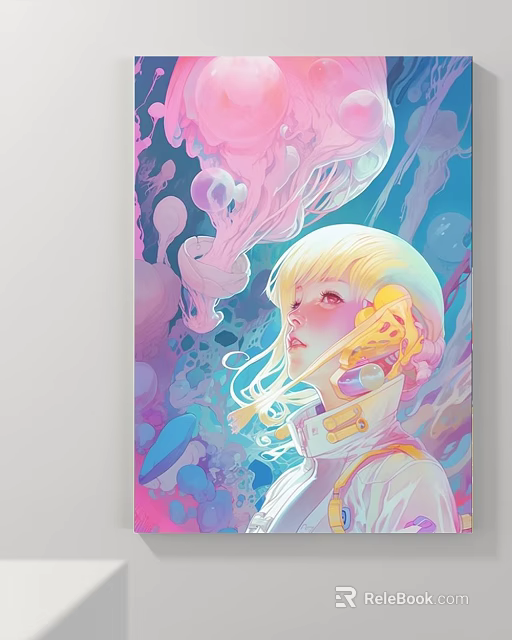 Dreamy Character Portrait With Blonde Hair Headphones Pink Jellyfish And Blue Bubbles 3d model 