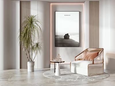 Elegant Single Sofa In Modern Living Room With Palm Plant Framed Artwork And Round Rug 3d model