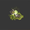 Modern Stone Pillar Display With Stacked Dark Stones And Surrounding Green Plants