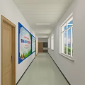 Modern Office Corridor Featuring Wooden Doors Washbasin Windows Light Colored Walls And Clean Floor