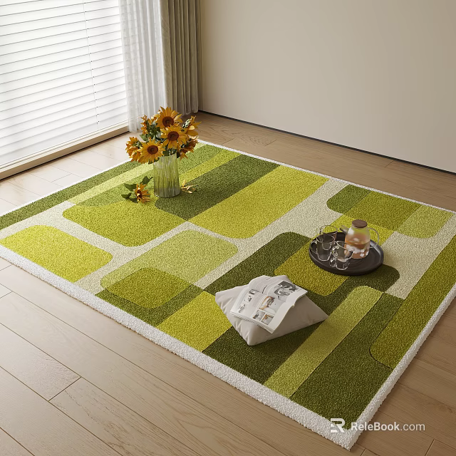 Square Rug With Green Yellow Geometric Pattern Sunflower Vase Magazine Tray On Wooden Floor 3d model 