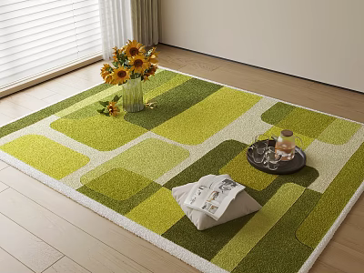 Square Rug With Green Yellow Geometric Pattern Sunflower Vase Magazine Tray On Wooden Floor 3d model