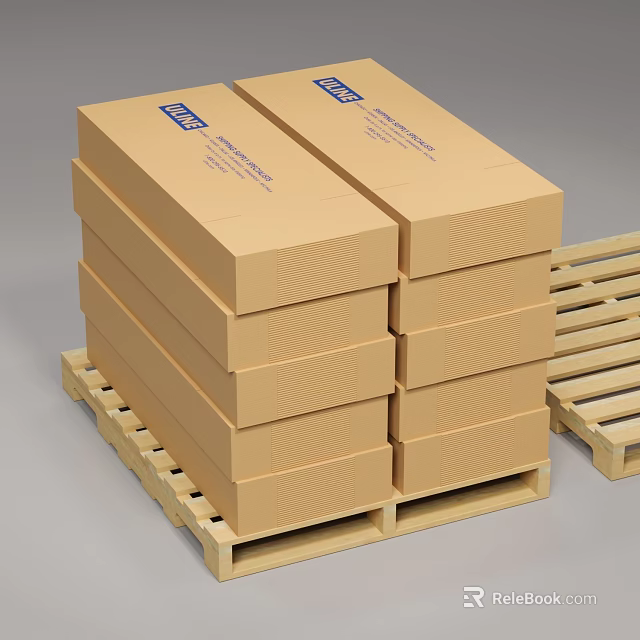 Securely Stacked Brown Cardboard Boxes on Wooden Pallets with Blue Labels 3d model 