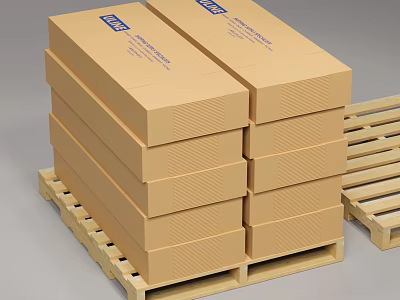 Securely Stacked Brown Cardboard Boxes on Wooden Pallets with Blue Labels 3d model
