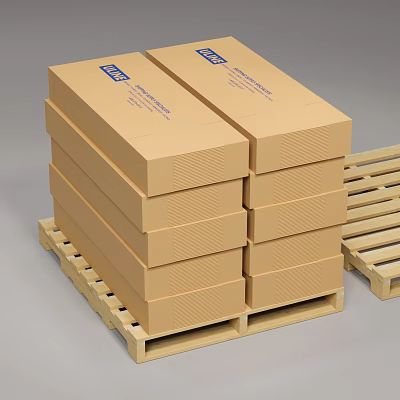Securely Stacked Brown Cardboard Boxes on Wooden Pallets with Blue Labels 3d model