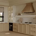 Modern Light Toned Kitchen With Wooden Cabinets White Island Refrigerator And Dining Chairs
