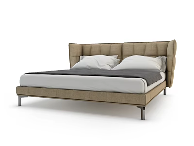 Modern Double Bed With Tufted Beige Headboard White Mattress And Metal Legs 3d model