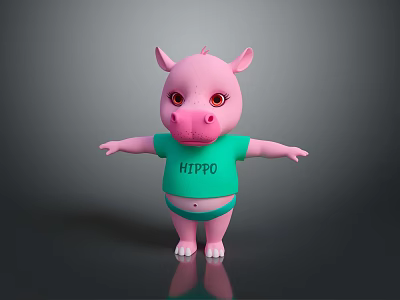 Pink Hippo Doll In Green Shirt With HIPPO Text Green Shorts Standing On Dark Background 3d model