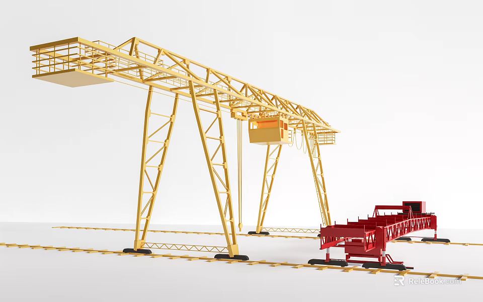 Industrial Equipment Yellow Gantry Crane With Metal Structure Red Tracks And Red Equipment 3d model 