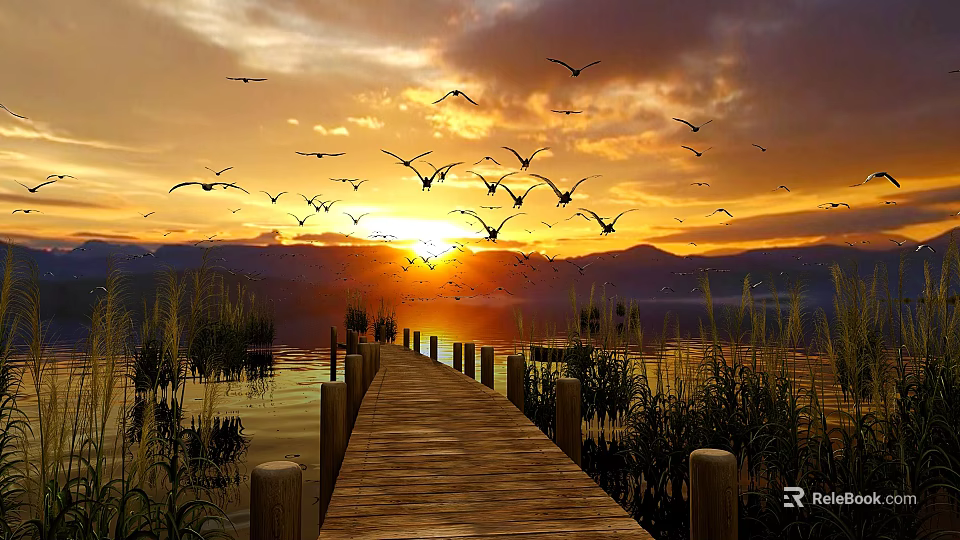 Stunning Sunset Landscape With Flying Birds Lake Surface Wooden Boardwalk Reeds And Mountain Peaks 3d model 