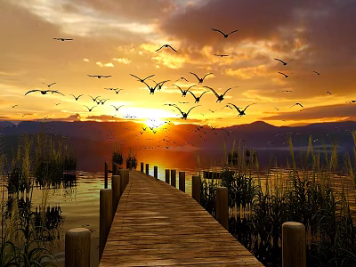 Stunning Sunset Landscape With Flying Birds Lake Surface Wooden Boardwalk Reeds And Mountain Peaks 3d model