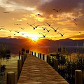 Stunning Sunset Landscape With Flying Birds Lake Surface Wooden Boardwalk Reeds And Mountain Peaks