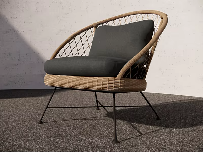 Modern Leisure Chair With Woven Rattan Frame Dark Grey Cushion And Black Metal Legs 3d model