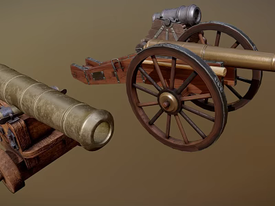 Antique Military Cannons with Large Wooden Wheels and Brass Barrels Historical Artifacts 3d model