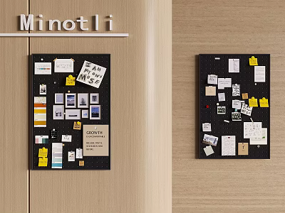 Stylish Photo Wall Interior With Black Boards Photos Notes And Yellow Pins On Wooden Wall 3d model