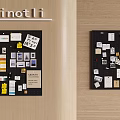 Stylish Photo Wall Interior With Black Boards Photos Notes And Yellow Pins On Wooden Wall