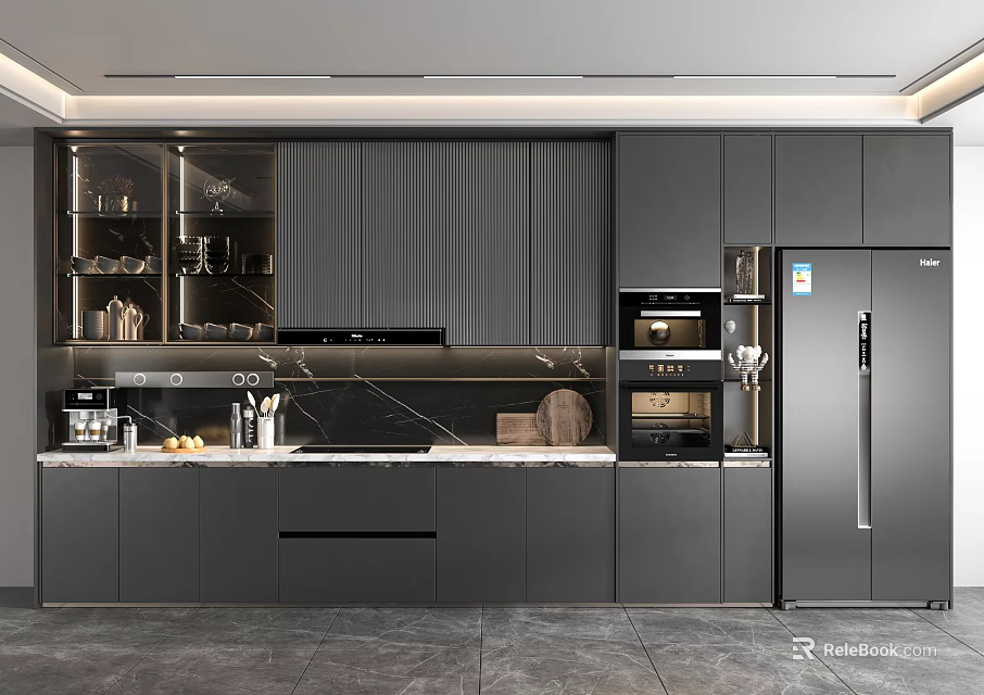 Modern Kitchen With Dark Cabinets Glass Door Upper Units And Stainless Steel Appliances 3d model 