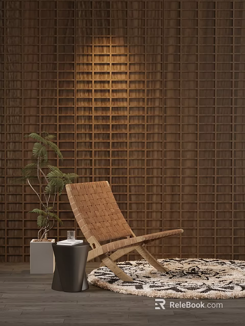 Stylish Woven Leisure Chair Against Wooden Lattice Wall with Potted Plant and Side Table 3d model 