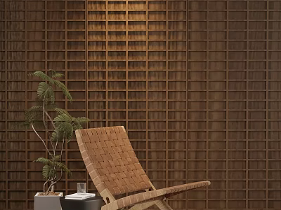 Stylish Woven Leisure Chair Against Wooden Lattice Wall with Potted Plant and Side Table 3d model