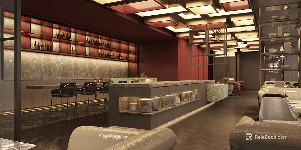Elegant Restaurant Interior With Red Walls Wine Racks And Geometric Ceiling Lights Marble Bar Counter 3d model 