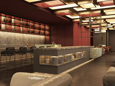 Elegant Restaurant Interior With Red Walls Wine Racks And Geometric Ceiling Lights Marble Bar Counter 3d model