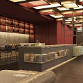 Elegant Restaurant Interior With Red Walls Wine Racks And Geometric Ceiling Lights Marble Bar Counter