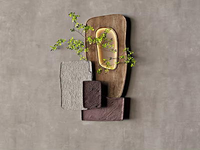 Modern Natural Wall Decor With Wooden Panel Stone Blocks Mirror And Greenery Accents 3d model