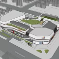 Modern Commercial Complex With Green Roof Connected Buildings And Central Open Plaza