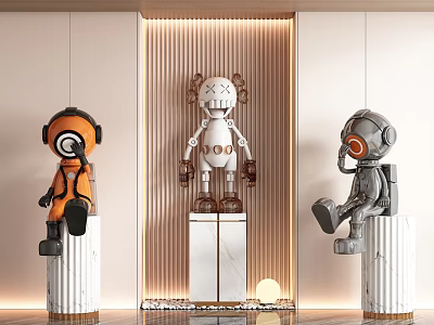 Colorful Robot Themed Sculptures on White Marble Pedestals with Vertical Striped Wall and Warm Lighting 3d model