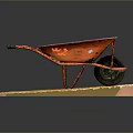 Red Rusty Wheelbarrow Placed On Grid Patterned Wooden Display Stand 3d model