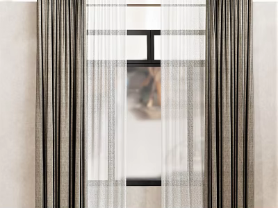 Double Layer Striped Curtains With Sheer White Inner And Window View 3d model