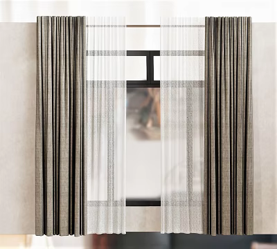 Double Layer Striped Curtains With Sheer White Inner And Window View 3d model