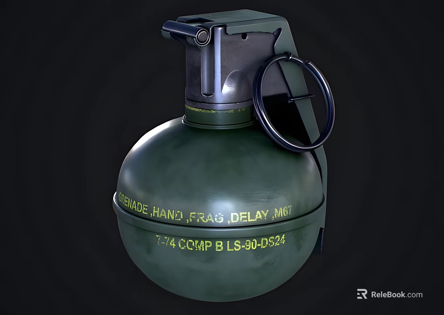Green Fragmentation Hand Grenade with Delay Fuse Pull Ring and Text Markings 3d model 