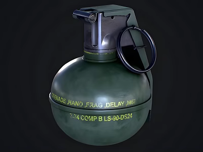 Green Fragmentation Hand Grenade with Delay Fuse Pull Ring and Text Markings 3d model