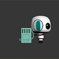 Cartoon White Robot Holding Game Controller With Green Device And Cable On Gray Floor