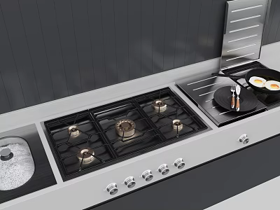 Modern Kitchen Tableware Set With Gas Stove Tray Frying Pan And Fried Eggs 3d model