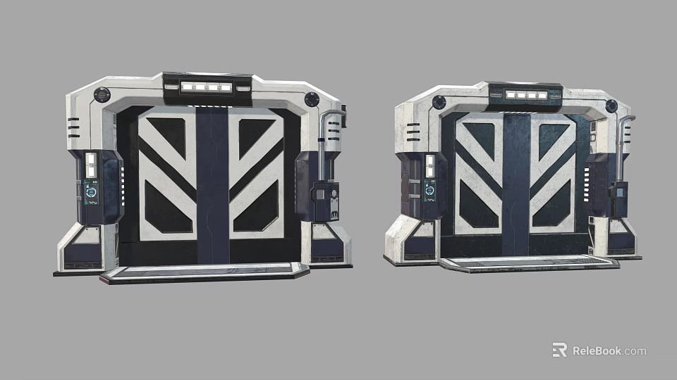 Sci Fi Metal Doors With Geometric Patterns Control Panels Black White Gray Tech Inspired Design 3d model 