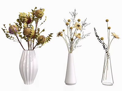 Different Style Vases With Dried Flowers Green Leaves And Yellow Blooms 3d model