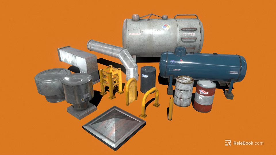 Industrial Metal Equipment Collection With Storage Tanks Pipes Drums And Frames 3d model 