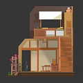 Cartoon Scene of Cute Loft Room with Wooden Floor Staircase Shoji Screen and Water Wheel