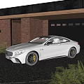 White Luxury Sports Car Parked In Front Of House With Garage And Red Brick Wall