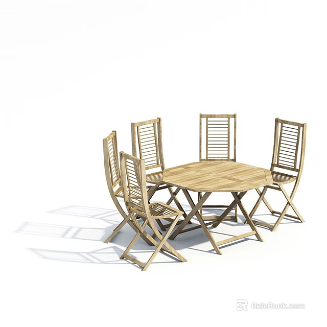 Wooden Outdoor Dining Set With Round Table And Slatted Back Chairs 3d model 