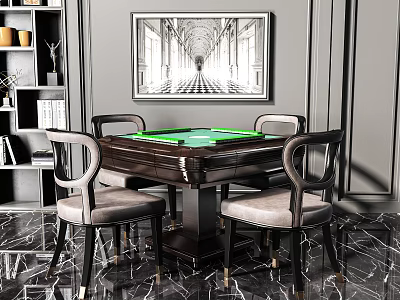 Modern Wooden Entertainment Table With Green Surface And Comfortable Chairs Near Decorative Painting 3d model