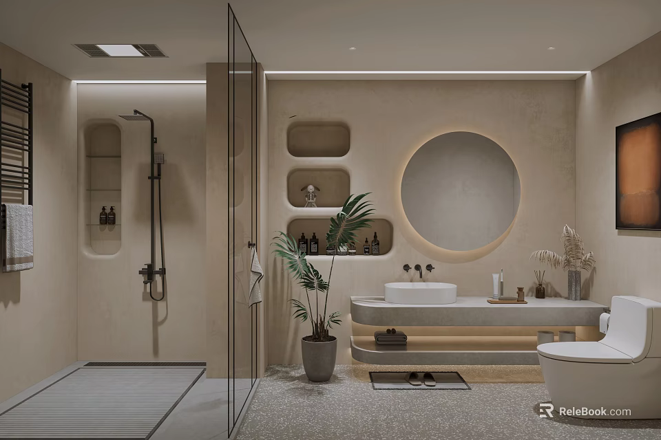 Modern Minimalist Bathroom With Glass Shower Round Mirror Vanity Wall Niches And Potted Plant 3d model 