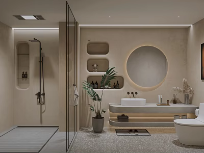 Modern Minimalist Bathroom With Glass Shower Round Mirror Vanity Wall Niches And Potted Plant 3d model