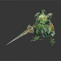Detailed Armored Fantasy Character With Green Glowing Spear And Mechanical Armor