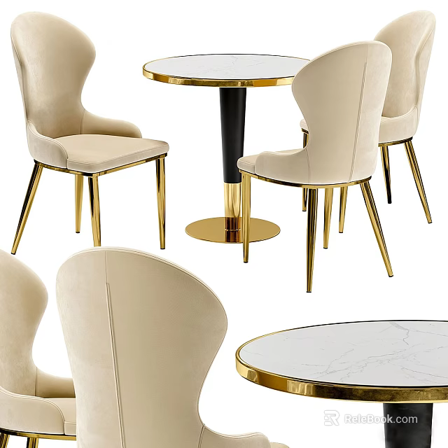 Modern Elegant Dining Table Set With Round Marble Top And Beige Gold Leg Chairs 3d model 